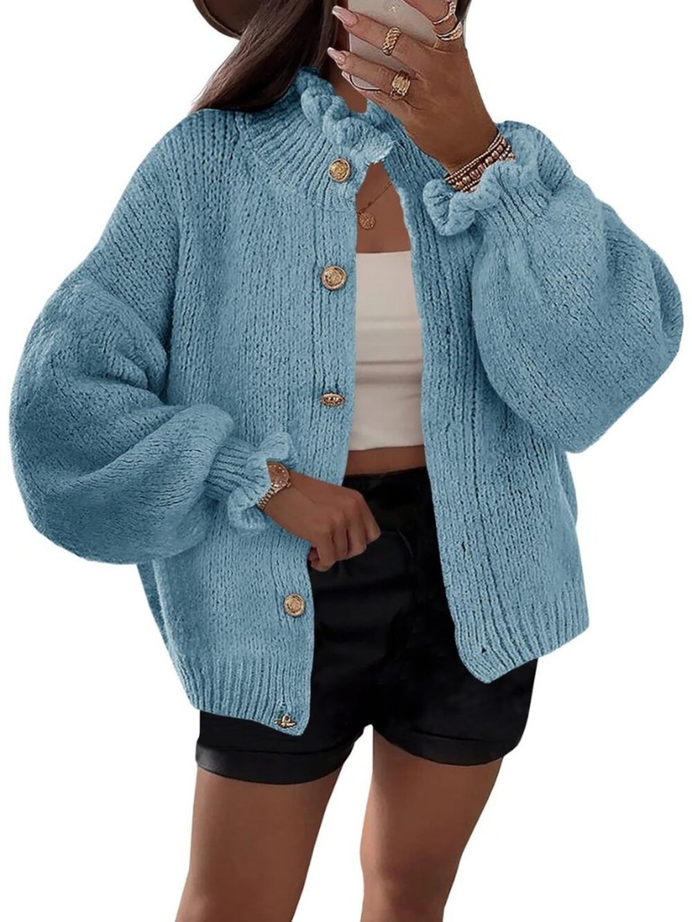 Womens Ruffle Cardigan Oversized Button Up Fall Trendy Ribbed Knit Open Front - Picture 6 of 8